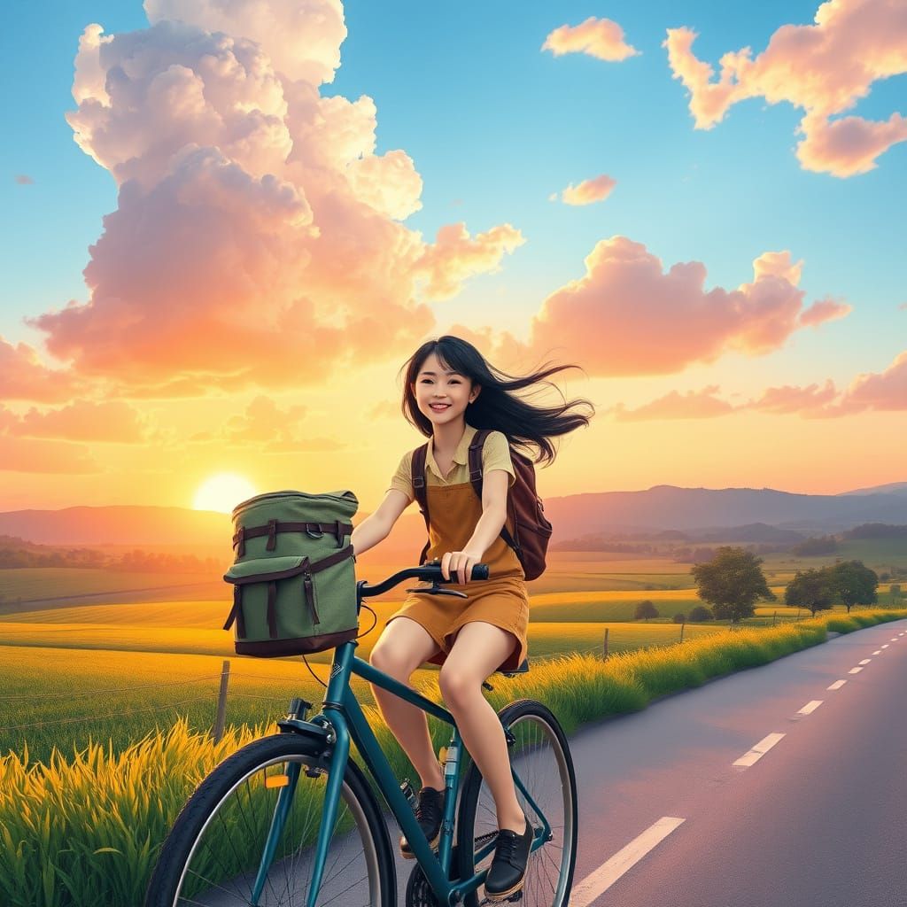Vibrant China Girl Riding Bicycle Along Serene Countryside R...