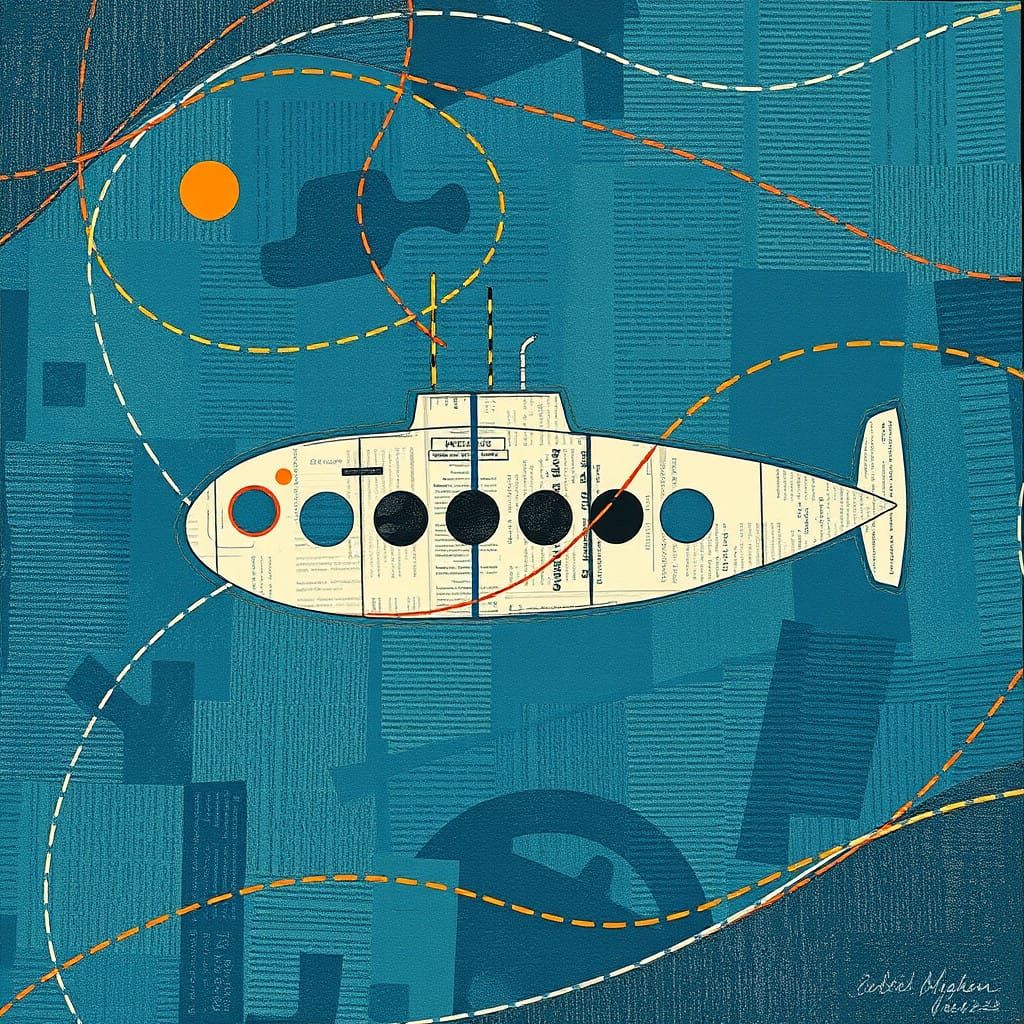 Constructivist Submarine in Vibrant Newspaper Collage