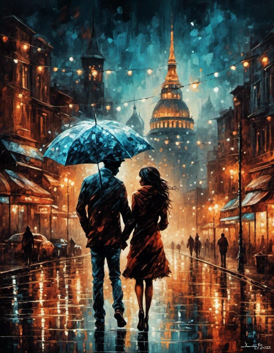 Embracing Couple in Cityscape Double Exposure