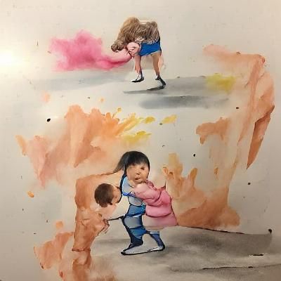 Child Confronting Woman: Watercolor Art