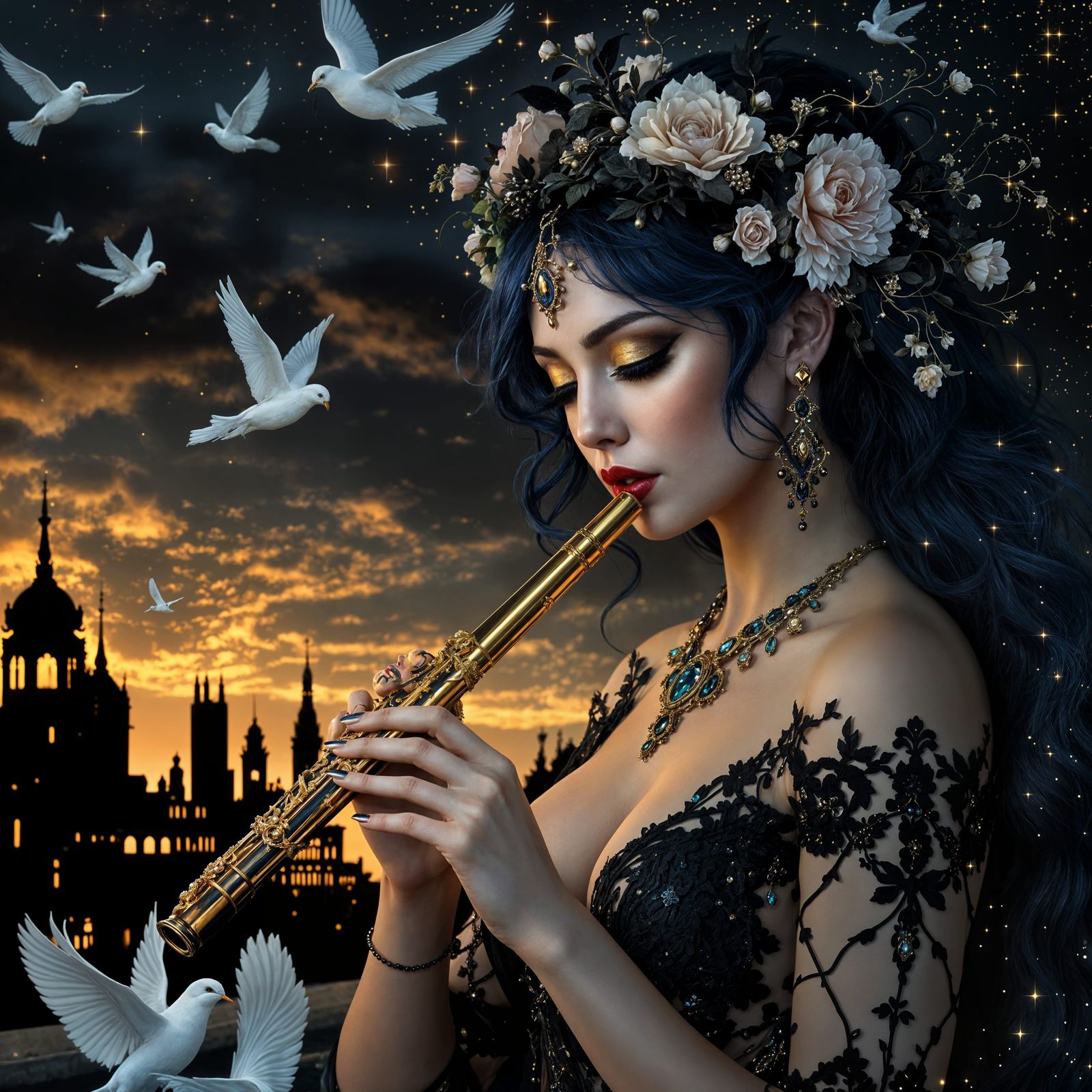 Ethereal Woman with Blue Hair and Flute in Fantasy Art Style