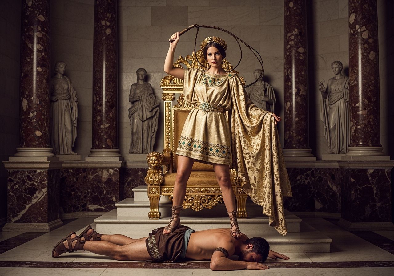 Roman Empress Tramples Servant in Opulent Throne Room