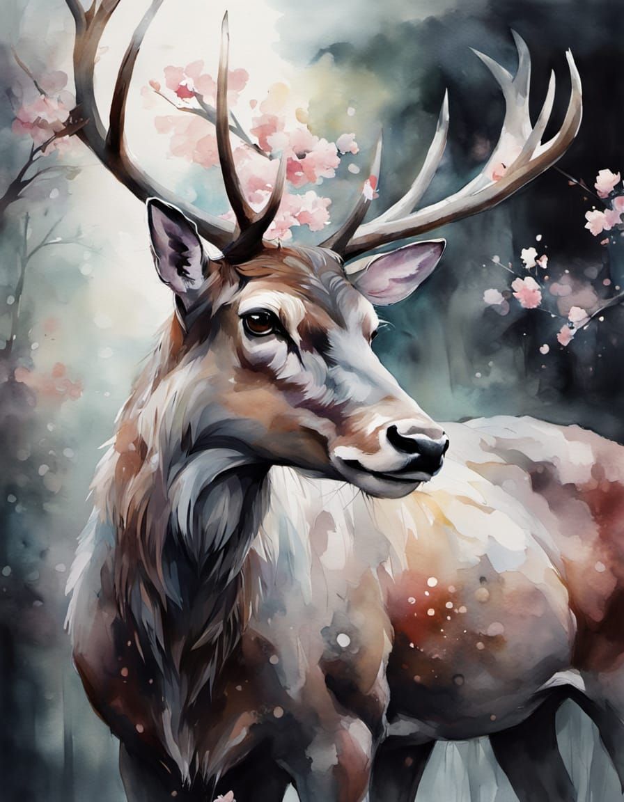 Stag with Cherry Blossom Antlers in Watercolor