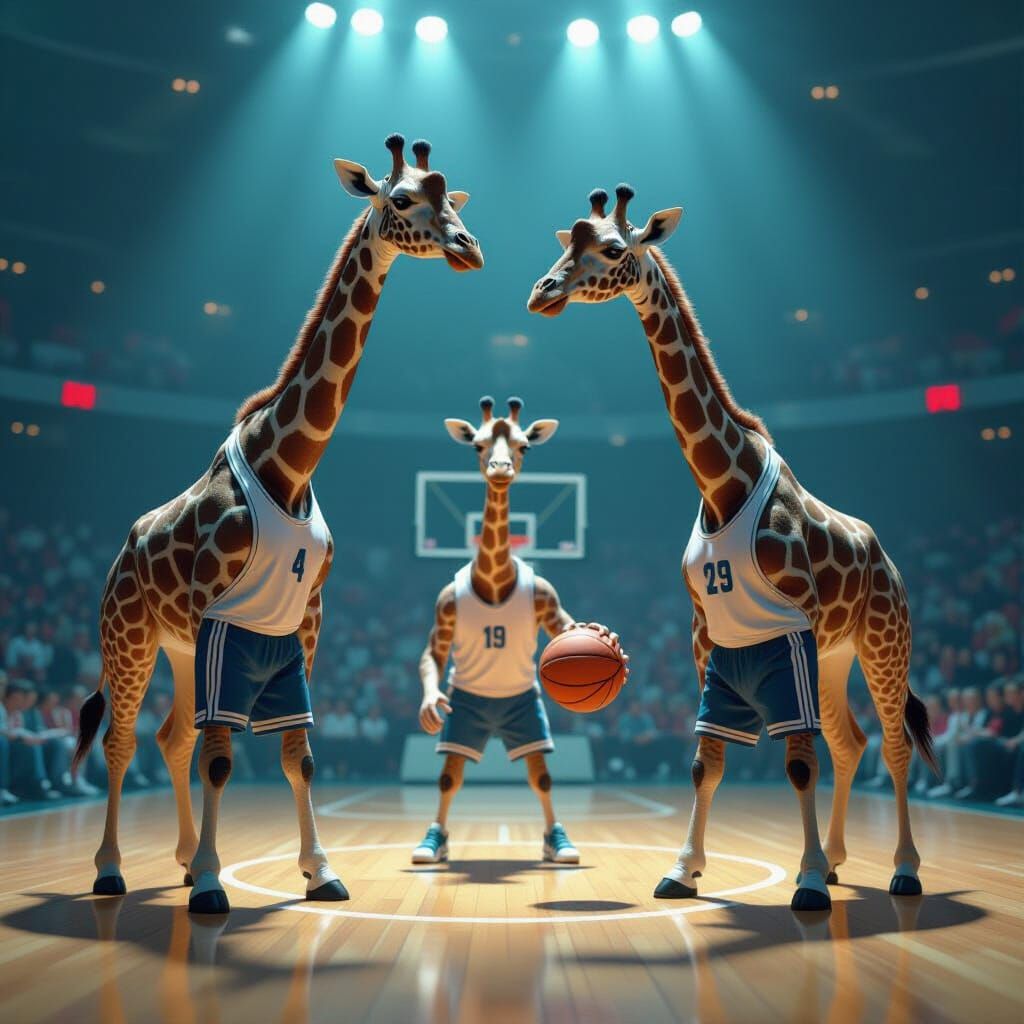Giraffes Play Basketball with Dramatic Lighting