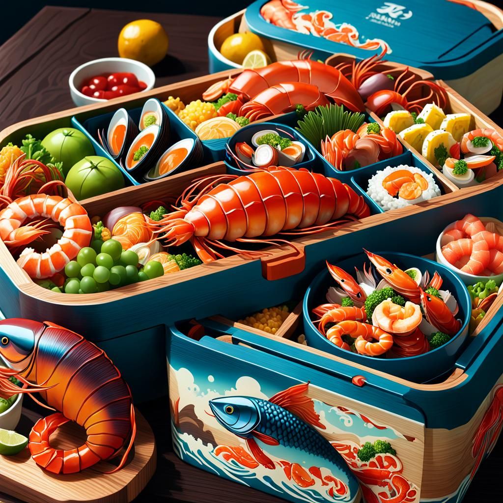 Seafood Bento Box Concept Art in Hyperdetailed Style