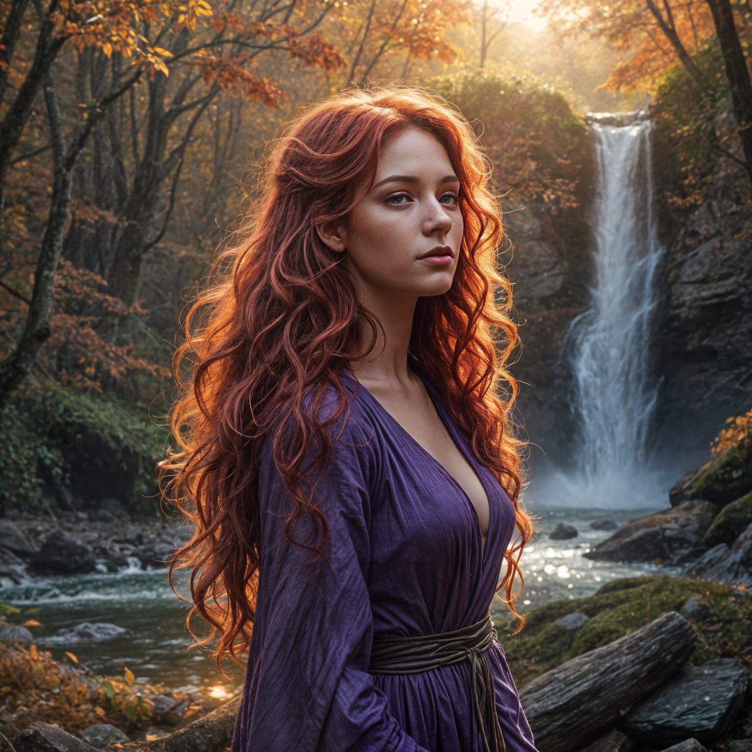 Lilith in Autumn Forest with Waterfall and Sunset