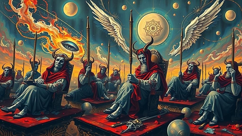 Demonic God on Heavenly Throne in Surrealist Style