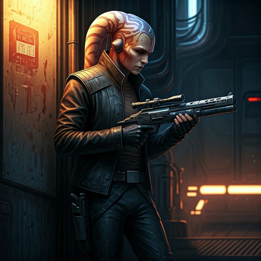 Twi'lek Mercenary Inspects Blaster in Sci-Fi Setting