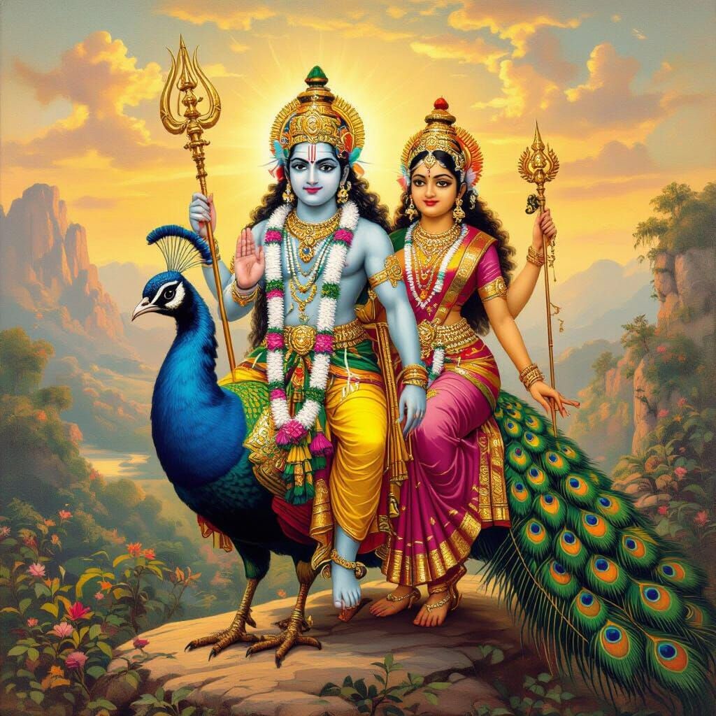 Lord Murugan Rides Peacock with Consorts in Mythological Art...