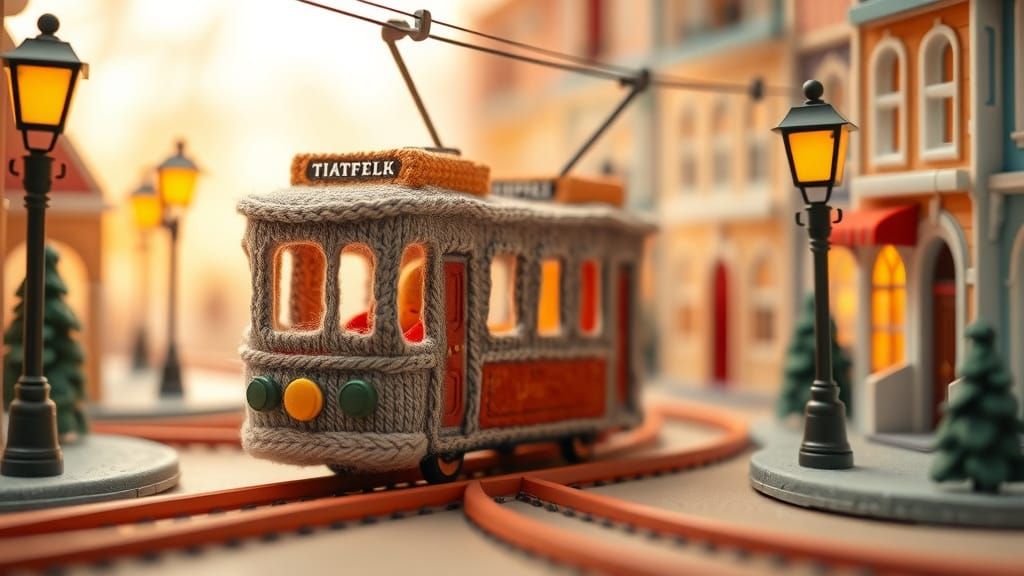 Knitted City Tram Diorama in Soft Textile Toy Style