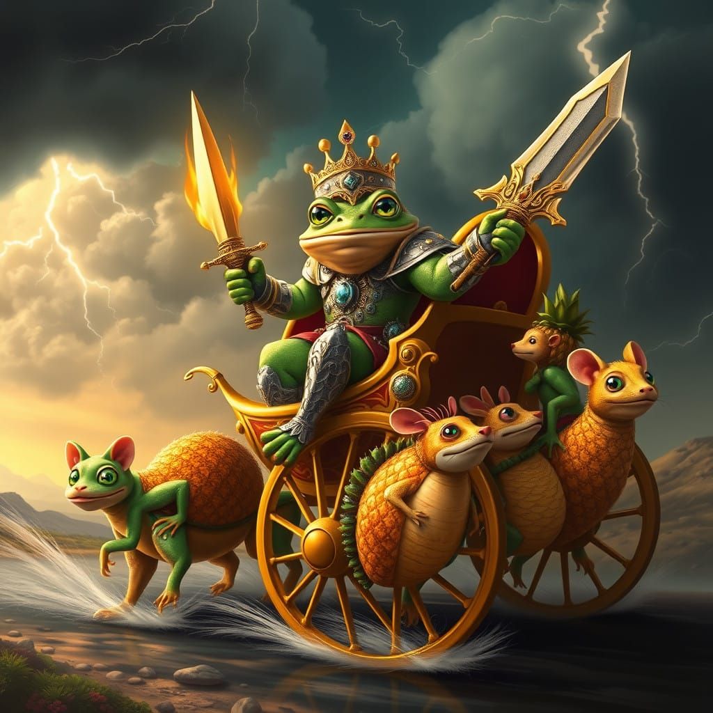 Regal Frog Prince Rides Golden Chariot in a Fantastical Frui...