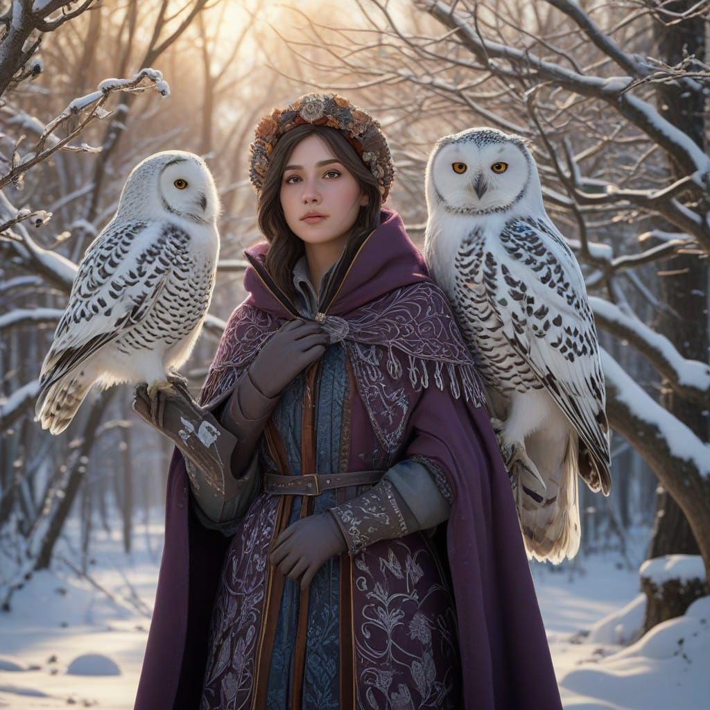 Ethereal Farm Lady with Owl in Frosty Winter Wonderland