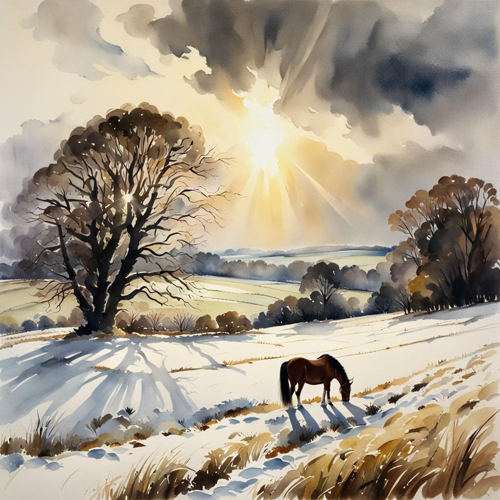 Winter Field: Watercolour Shire Horse in Sunlight