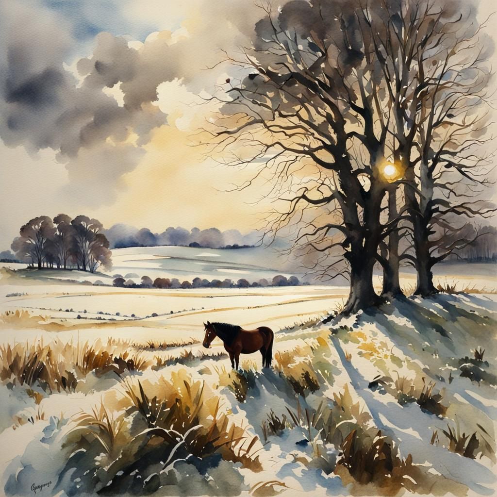 Winter Field: Watercolour Painting of Shire Horse