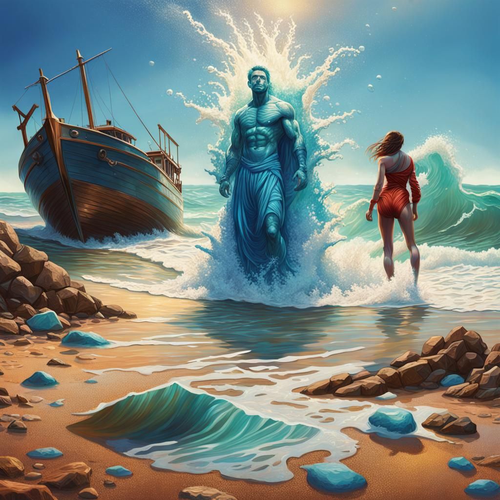 Hyperrealistic Seaborne Beach Scene with Dramatic Lighting