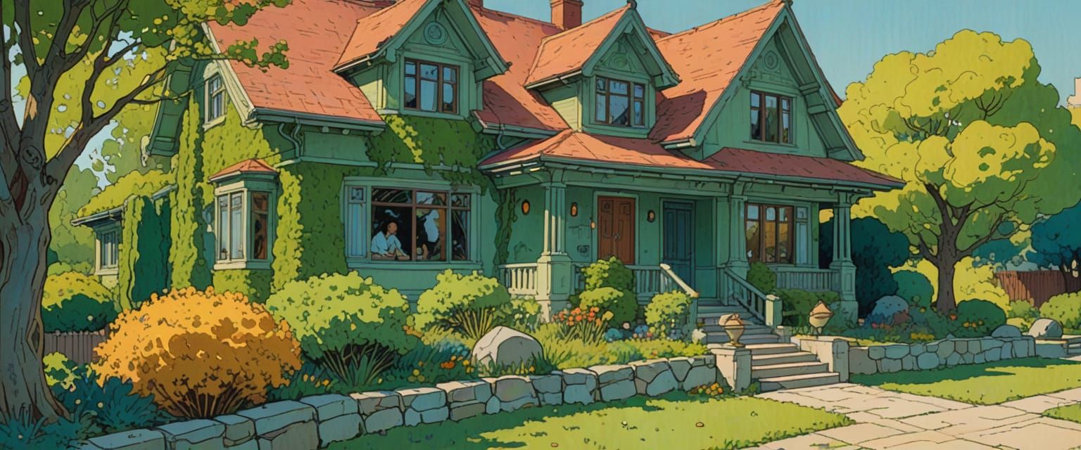 Edwardian House in Comic Book Style with Pastel Hues