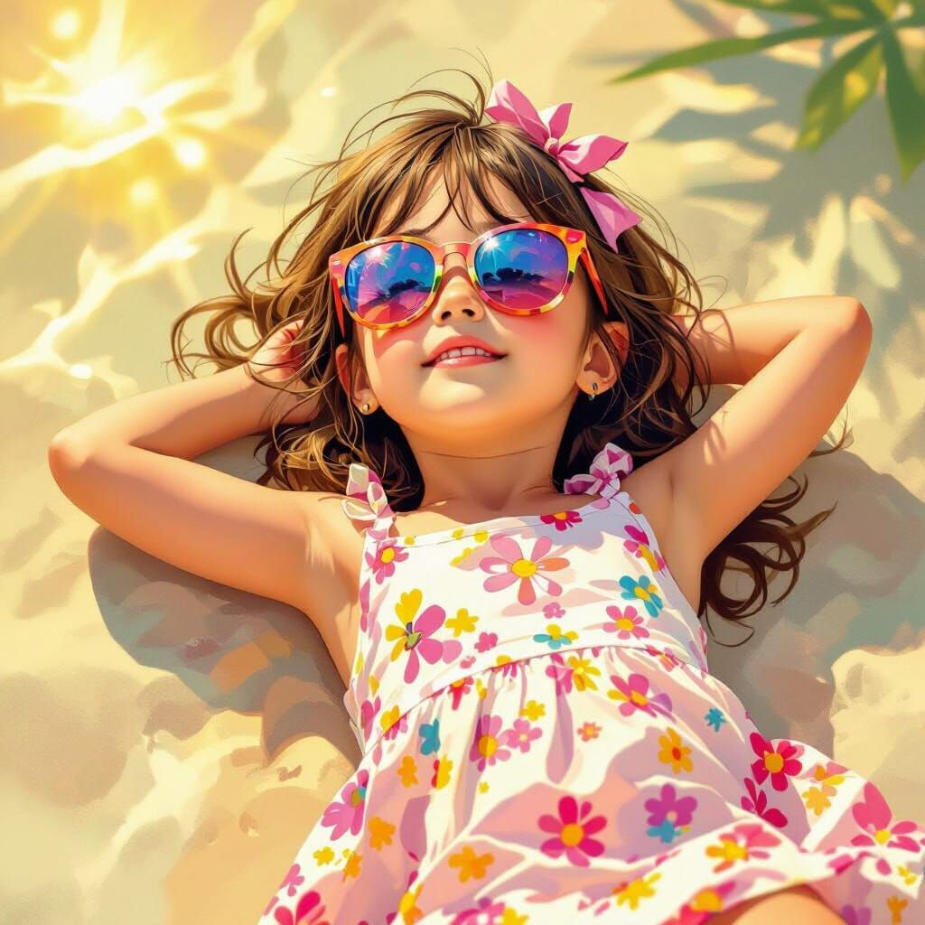 Girl Sunbathing in Style of Takashi Murakami