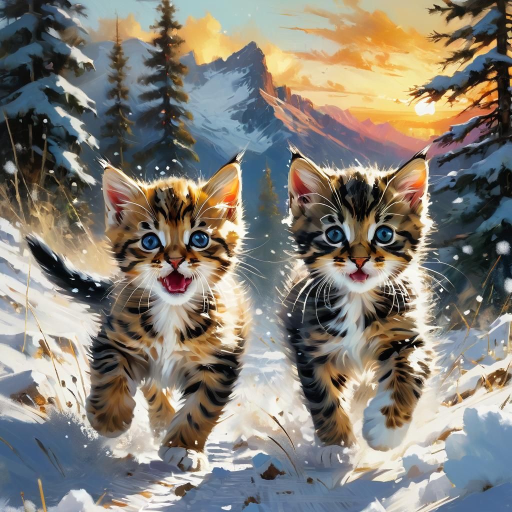 Kittens Play in Snowy Rocky Mountain Sunset