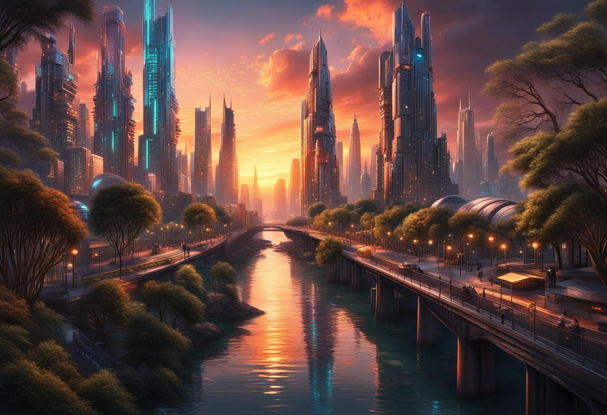 Futuristic Coastal City at Sunset in Digital Art