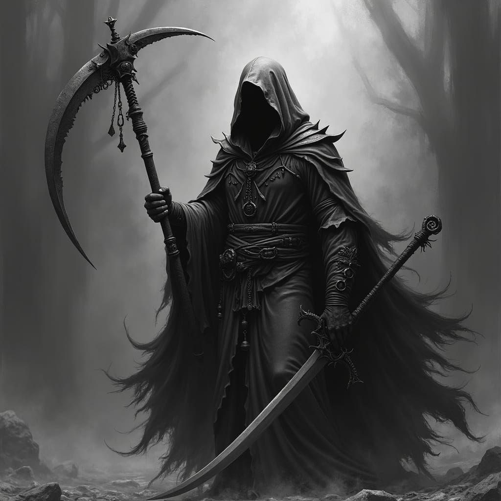 Monochromatic Grim Reaper with Scythe and Sword