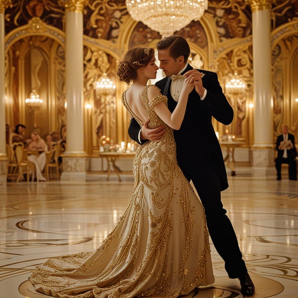 Elegant Figures Dancing at Art Nouveau Ball
