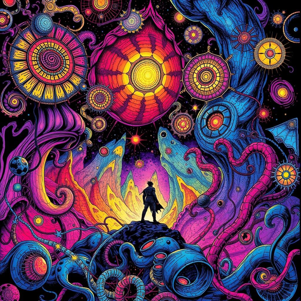 Psychedelic Fantasy Hero in Dazzling Ink Painting