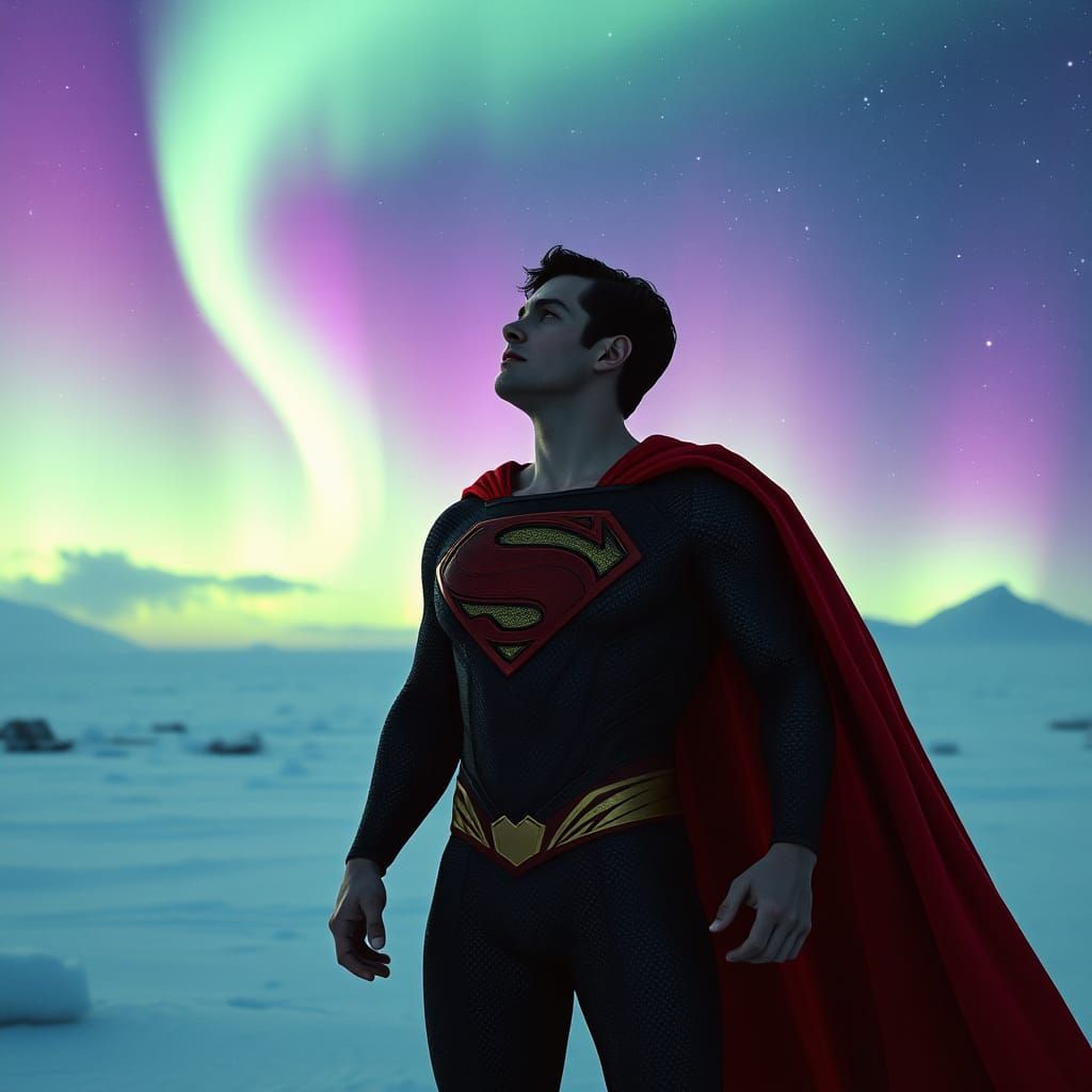 Superman in the Arctic Aurora: Cinematic Film Still