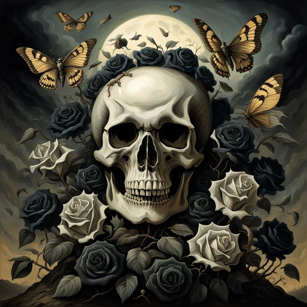 Skull and Moth in Dark Floral Horror Setting