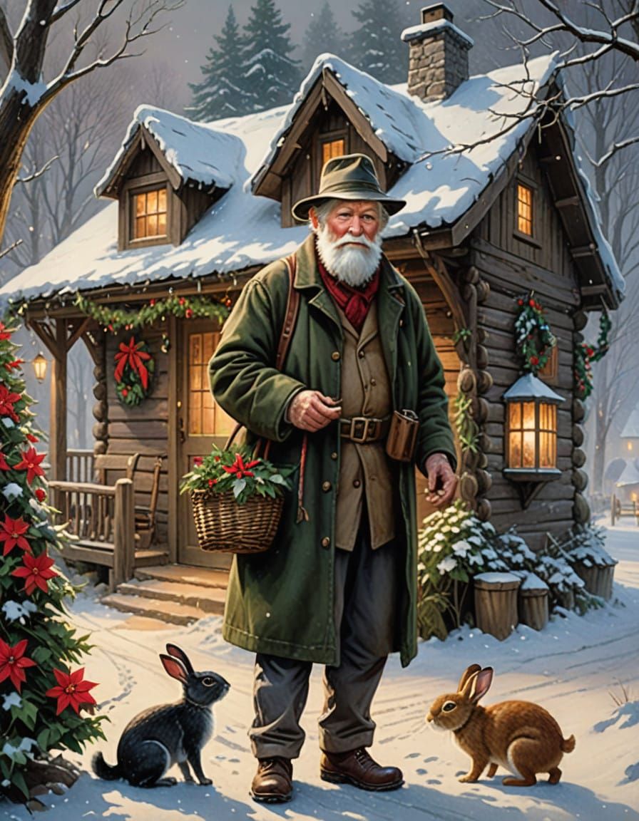 Old Man Adorns Cabin with Festive Flair in Whimsical Winter...