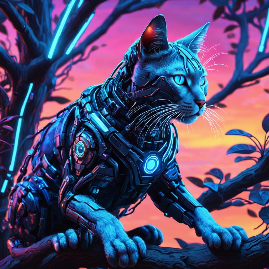 Cyberpunk Cyborg Cat in Sukara Tree at Sunset