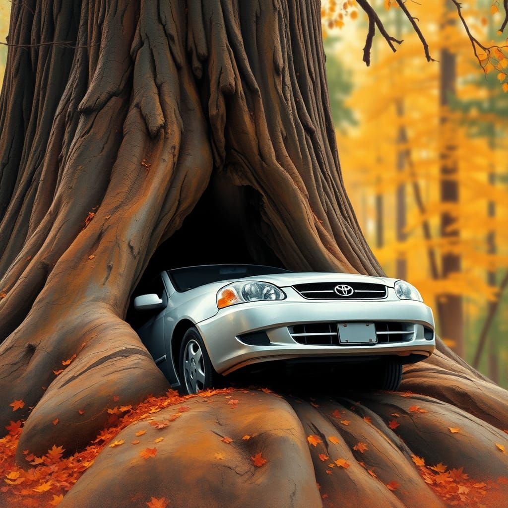 Corolla Swallowed by Redwood Tree: Hyperrealistic Dreamscape