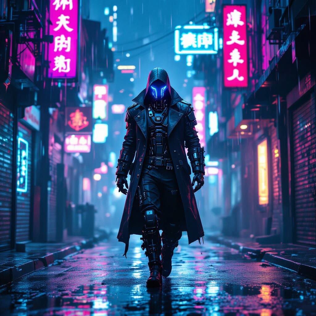 Cyberpunk art style. Medium shot. A lone cyborg pirate navigates a neon-drenched, rain-slicked alleyway, searching for h...