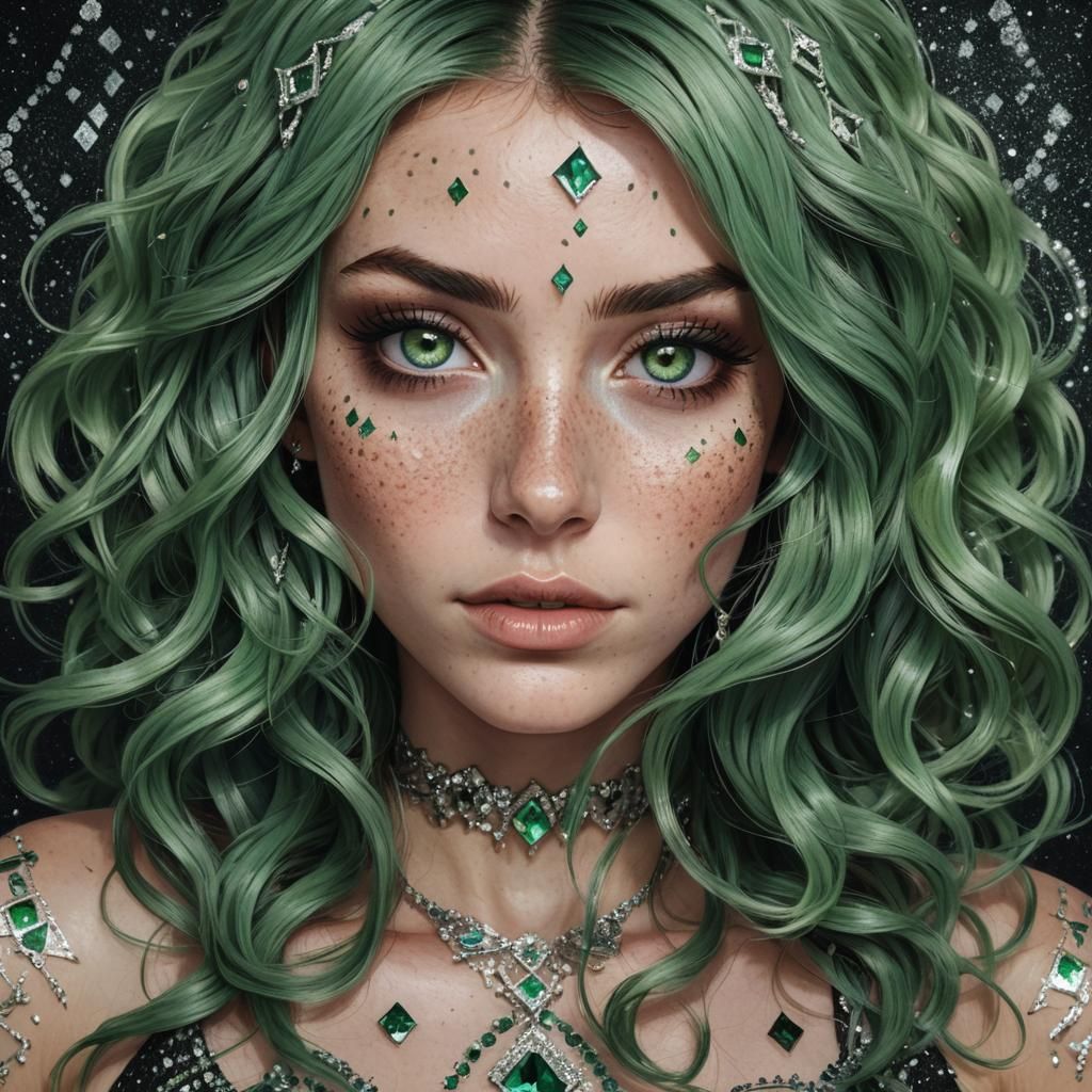 Green-Haired Girl with Diamond Freckles Portrait