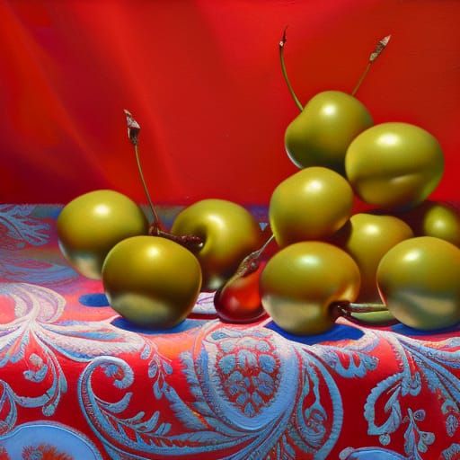 Crystal Cherries on Paisley Tablecloth: Oil Painting