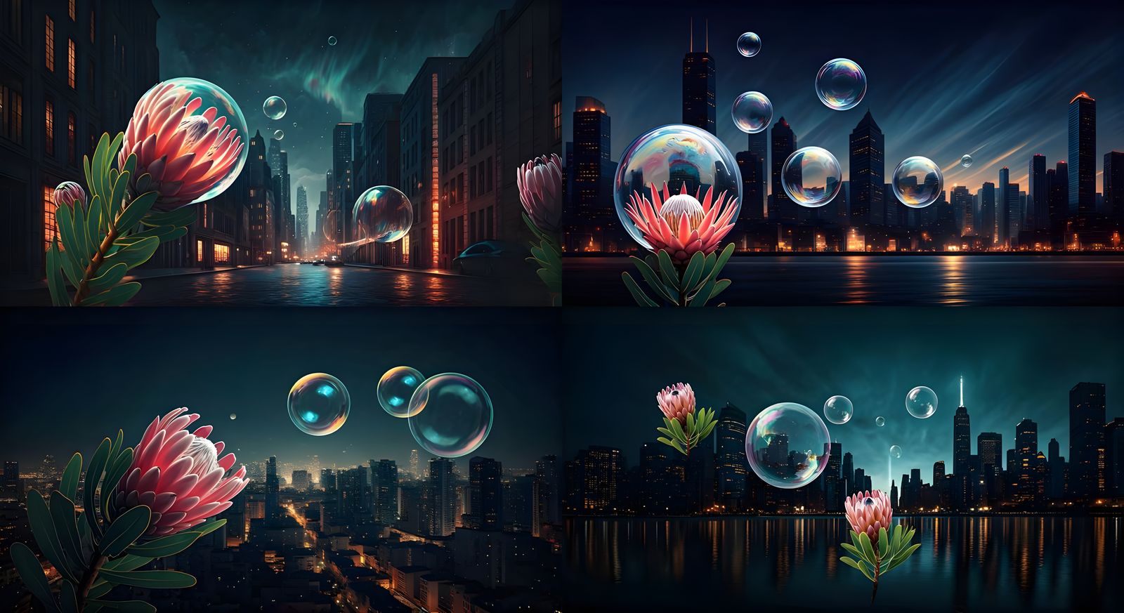 Proteas in Bubbles Over City, Maximalist Digital Art