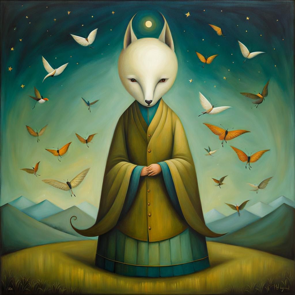 Introspective Mythical Creature in Surreal Style