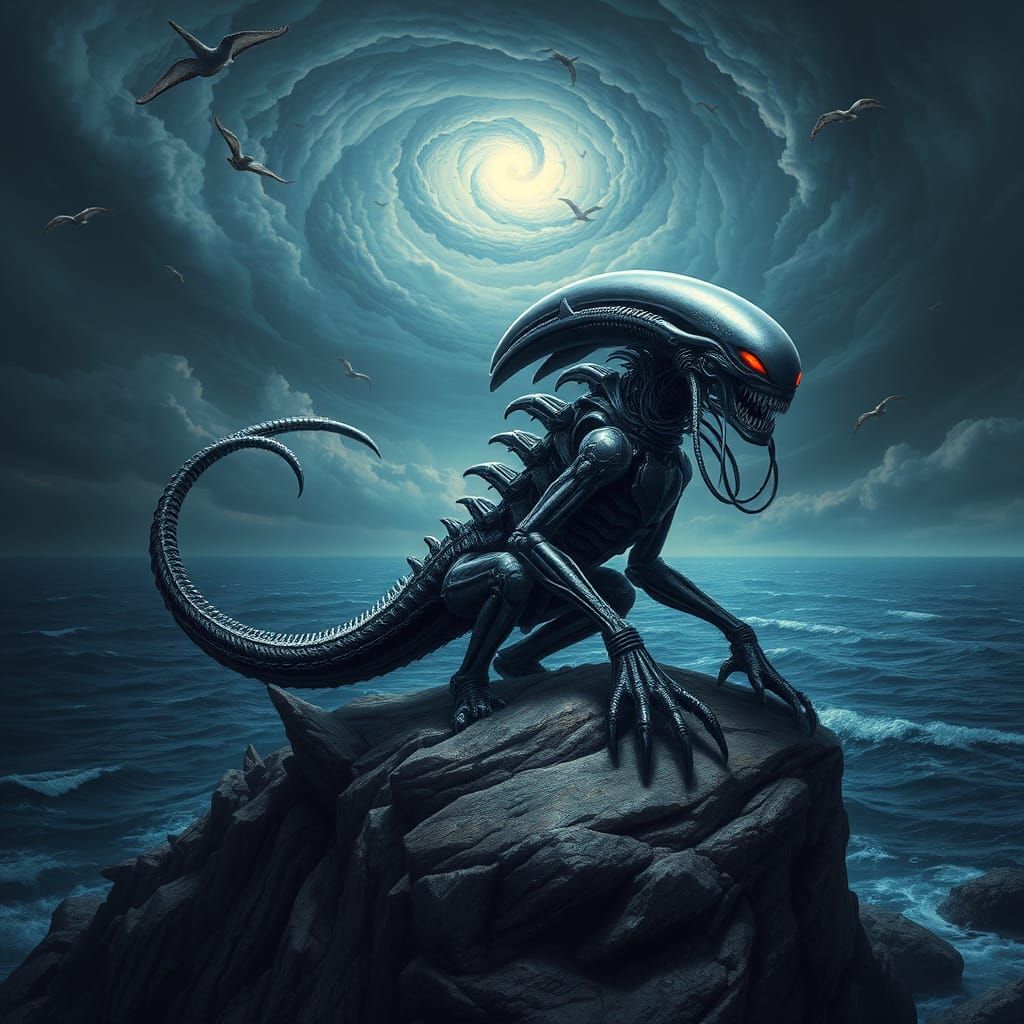 a large xenomorph sitting on a rock