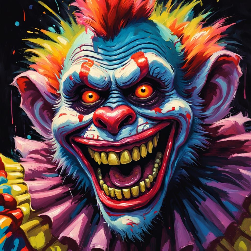 Zombie Monkey Clown Grinning in Dark Carnival, Gouache