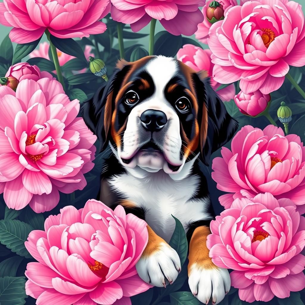 Saint Bernard Puppy with Peonies in Pop Art