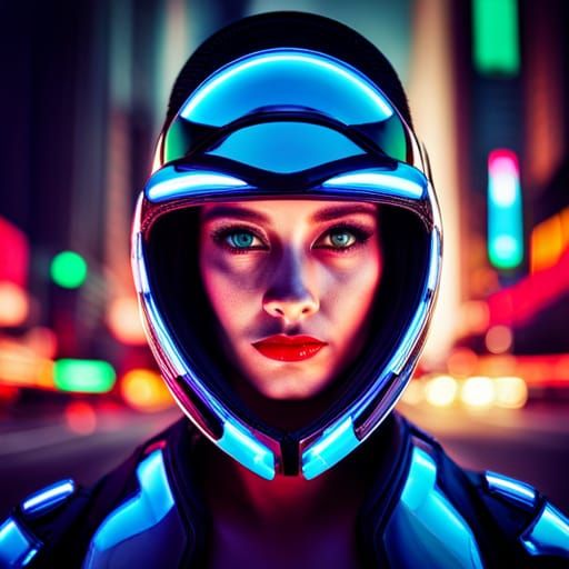 Cyborg Girl in Neon City: Hyperrealistic Portrait