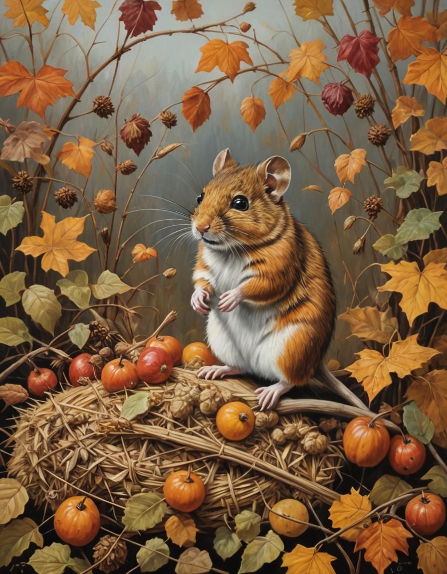 Autumn Harvest Mice in Rustic Folk Art Style