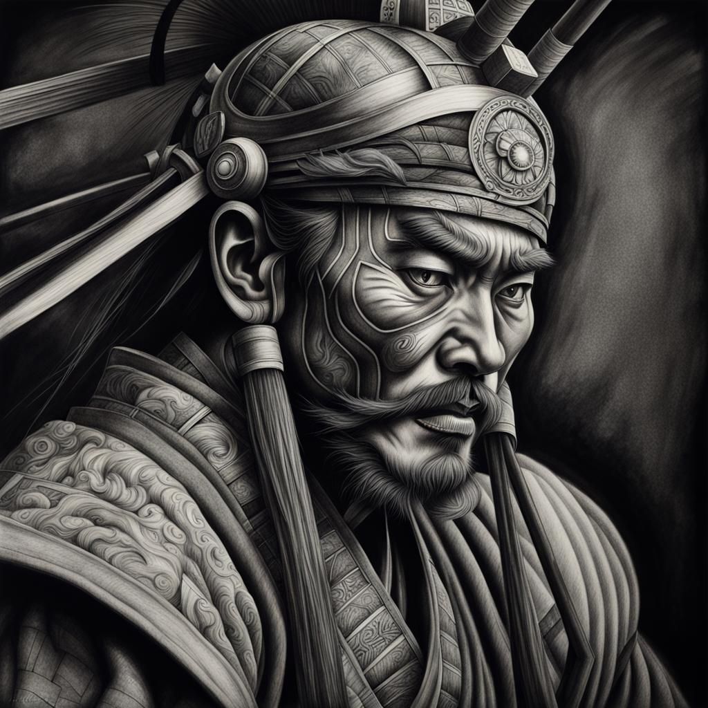 Hyperdetailed Charcoal Drawing of a Samurai Warrior