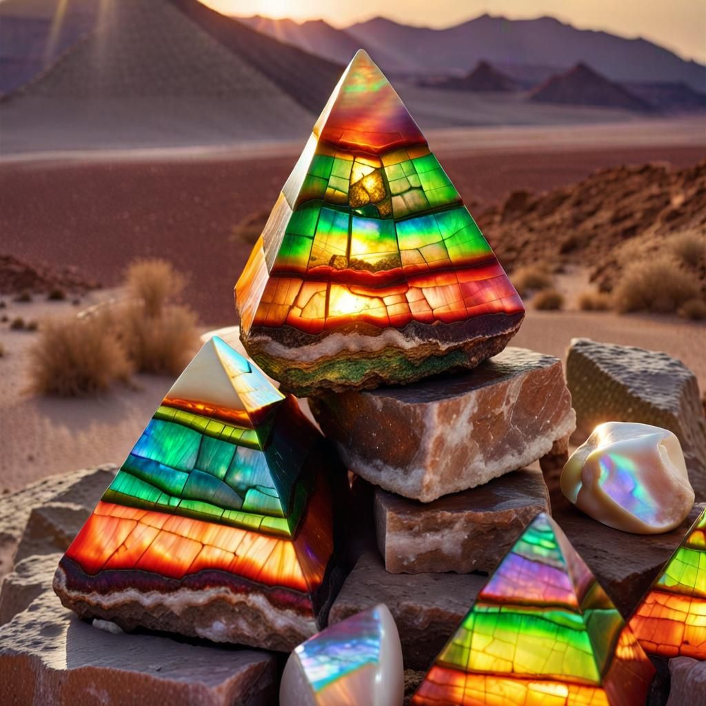 Ammolite Pyramid in Desert, Psychedelic Art Style