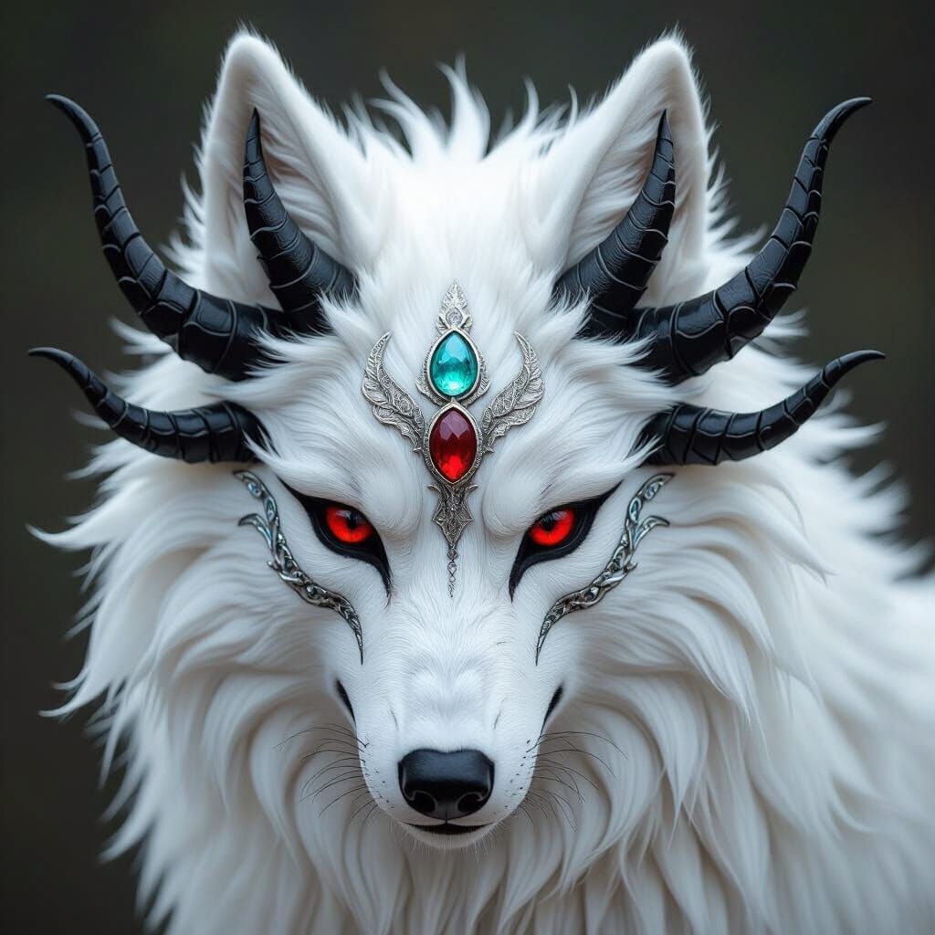 Mystical White Wolf Mask with Dragon Horns