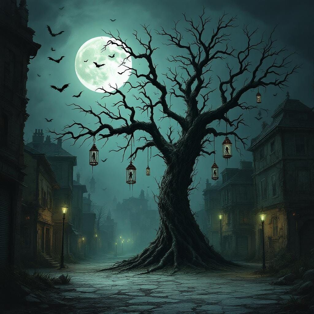 Dark Town Square with Barren Tree, in Surrealist Style