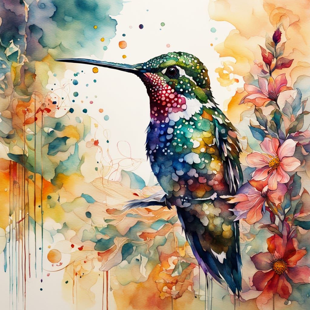 Geometric Hummingbird in Watercolor, Dreamy Abstract Backdro...