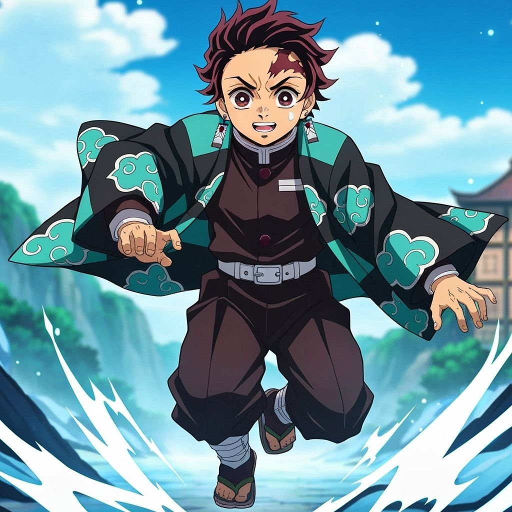 Tanjiro Kamado in Turquoise Clouds Haori, Anime Style