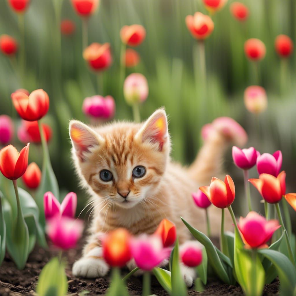 Kitten's Delight: Playing in a Tulip Garden