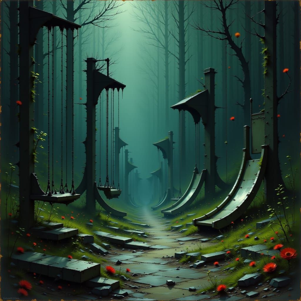 Eerie Abandoned Playground in Dark Surrealist Style