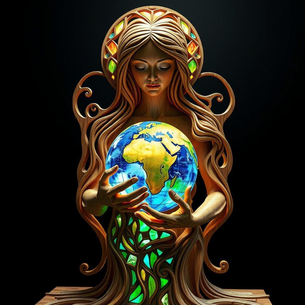 Mother Earth Cradles Planet Earth in Surrealistic Wood Carvi...